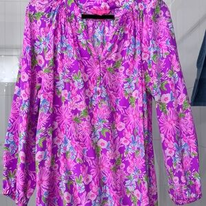 Worn 1x Lilly Pulitzer Elsa Silk Blouse Pink Floral Long Sleeve Women’s M Shirt